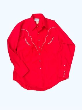70s Vintage Rockmount Ranch Wear Red Rodeo Silver Piping Shirt Sz 16.5 M